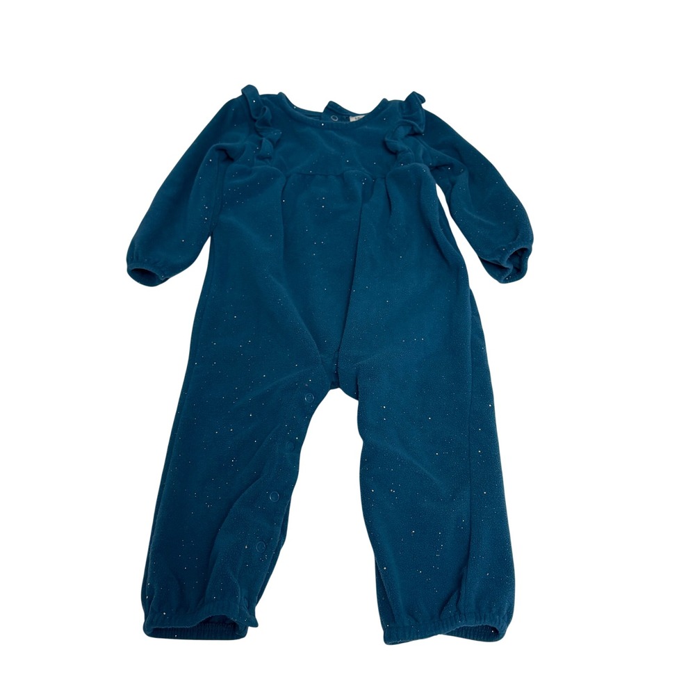 Carters 18M Teal Blue Fleece Glitter‎ Ruffle Long Sleeve Jumpsuit Romper Sparkle